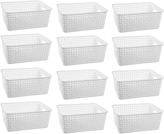 White Plastic Woven Storage Baskets, 12-Pack Weave Basket Organizer for Kitchen Office Bathroom