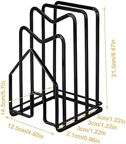 SUNFCON Cutting Board Holder Rack Pot Pan Lids Holder 2 Adhesive 304 Stainless Steel Hanging Hooks Chopping Board Organizer Thin Bakeware Tray Dry Display Stand Kitchen Countertop Cabinet Dark Black