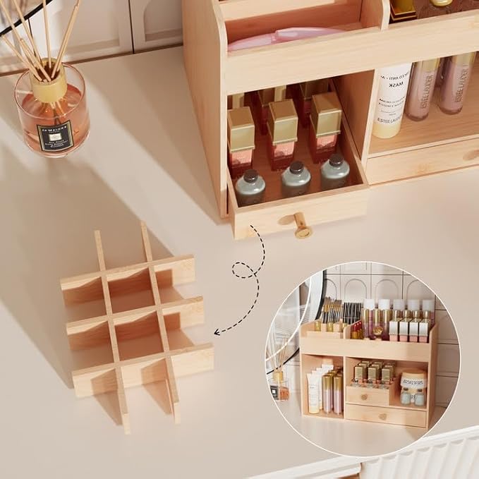 LONTAI Bamboo Makeup Organizer with Drawers, Cosmetic Storage for Lipstick Organizer Beauty Holder Skincare Organizer for Dresser Vanity Bathroom Countertop, No Assembly Required (Natural)