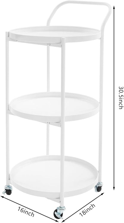 Round 3-Tier Rolling Bar Cart with Locking Wheels, Metal Serving Cart with Handle, 18" x 16" Mobile Organizer for Dining Room, Living Room, Bar (White)