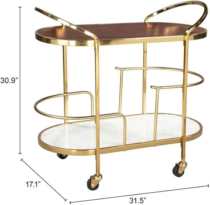 Pemberly Row Wood and Natural Marble Top Oval Bar Cart in Multi-Color
