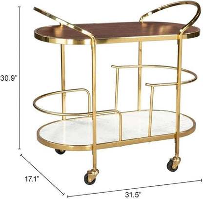 Pemberly Row Wood and Natural Marble Top Oval Bar Cart in Multi-Color