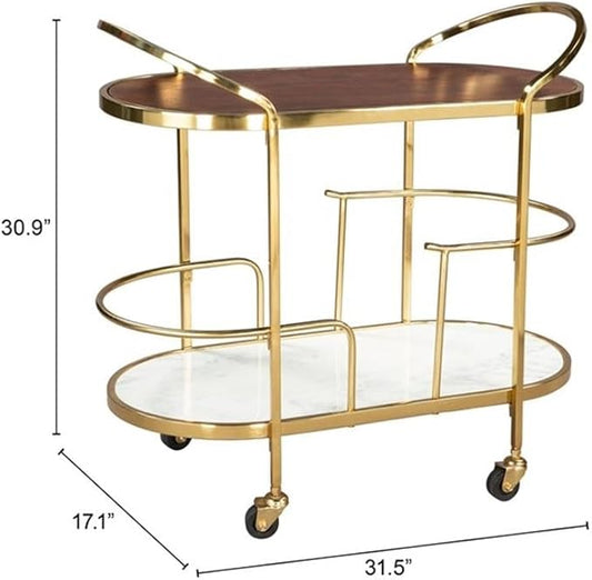 Pemberly Row Wood and Natural Marble Top Oval Bar Cart in Multi-Color
