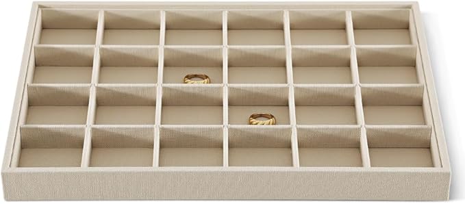 Dansmiy Linen 24 Grid Stackable Rings Earrings Display Tray, Brooch Ear Stud Cufflinks StorageTray, Jeweler Shop Counter Showcase Table Top Organizers, Makeup Table Drawer Insert Jewelry Tray