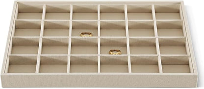 Dansmiy Linen 24 Grid Stackable Rings Earrings Display Tray, Brooch Ear Stud Cufflinks StorageTray, Jeweler Shop Counter Showcase Table Top Organizers, Makeup Table Drawer Insert Jewelry Tray