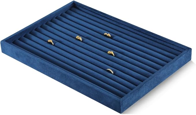 Velvet Ring Display Tray, Stackable Muilt Slot Rings Ear Stud Storage Tray, Drawer Insert Jewelry Accessories Organizers Plate (Blue)