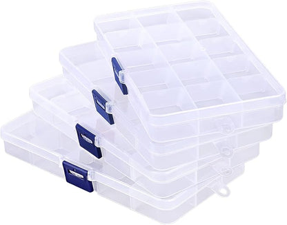 Rhinestone Organizer for Nails, 4PCS Cosics 15-Grid Clear Plastic Acrylic Nail Organizers & Storage Case with Movable Dividers, Empty Jewelry Nail Art Storage Containers Holder, Beading Box with Lids