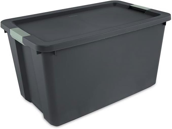 Sterilite 12 Pack 34 Gallon Latch Tote, Stackable Plastic Storage, Gray/Green