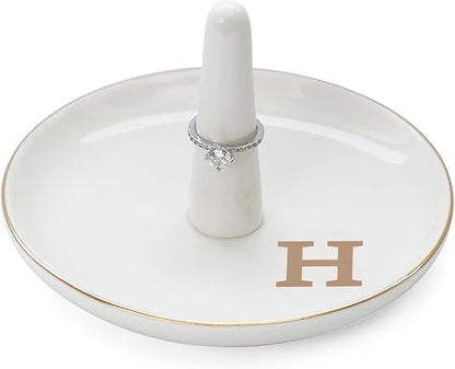 HOME SMILE Initials Ring Holder Jewery Tray with personalized H-Monogrammed Engagement Gifts for Friends,Birthday Mother's Day Christmas Gifts for Women,Ceramic White