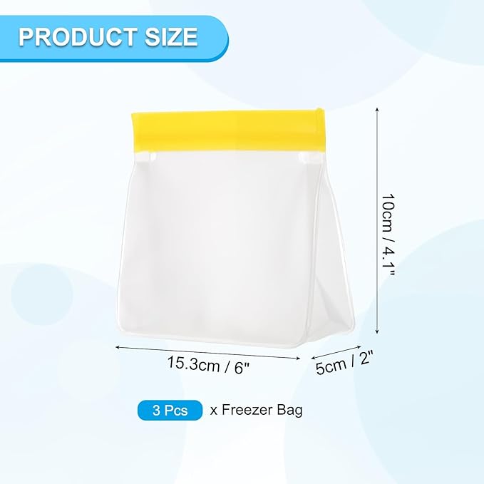 PATIKIL 6"x2"x4.1" Reusable Freezer Bag, 3 Pcs Leakproof Zip Food Storage Stand Up Bags Fridge Snack Vegetable Fruit Ice Container for Long-Lasting Freshness, Yellow