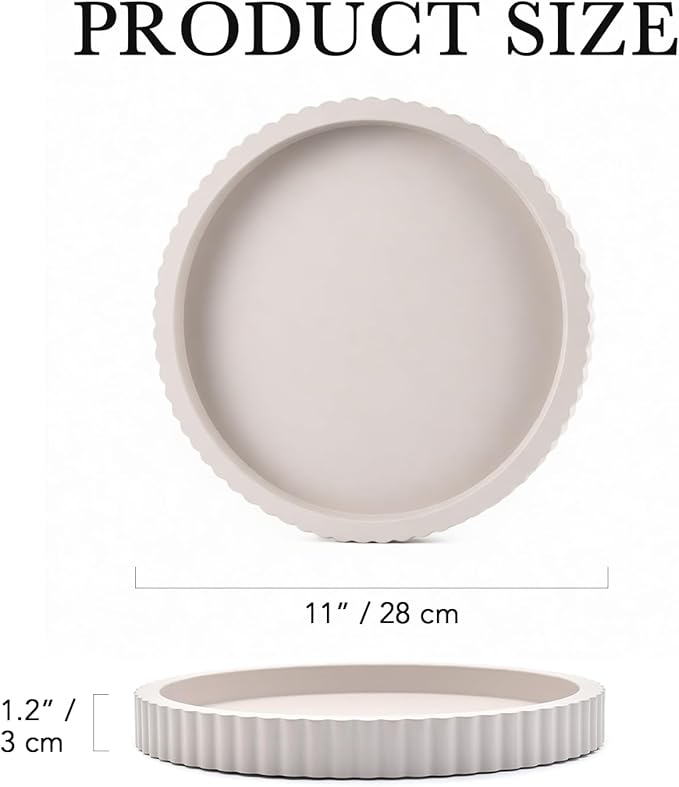Modern Decorative Tray for Coffee Table, 11" Wooden Gray Beige Round Small Decor Tray for Candle, Perfume, Vanity, Kitchen Island Counter & Table Centerpiece