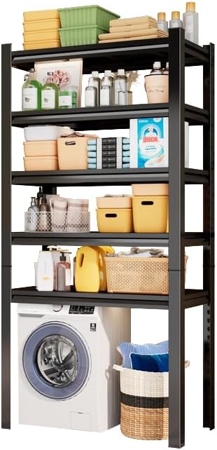 Over Washer and Dryer Shelves, 5 Tier Adjustable Metal Washing Machine Shelf, Sturdy and Spacious Laundry Room Organization and Storage Rack, 39.37''W*17.72''D*71.18''H, Black