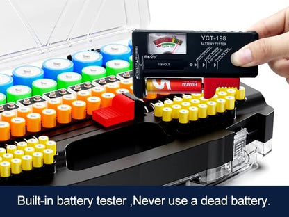 Battery Organizer Storage Holder Box Case with Tester, New Ultra-Large 285+Batteries Double-Sided Variety Pack, Holds AA AAA 4A C D Button Cell 9V 3V Lithium18650 CR2 CR123 CR1632 LR44 (Black)