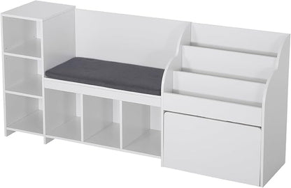 VEVOR Kids Reading Nook, Wooden Storage Bench with Backrest, Kids Bookshelf & Toy Organizer, Large Toy Box Chest for Playroom, Living Room or Entryway, Easy Assembly, 66.9 x 15.8 x 31.5 in, White