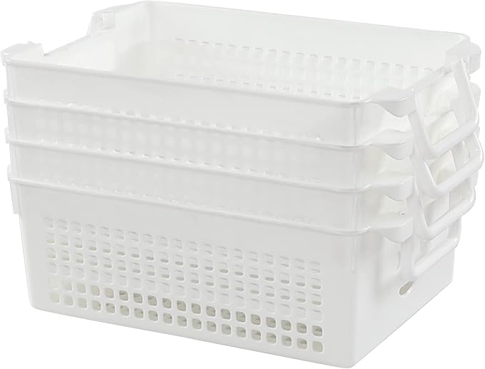Saedy 4 Packs Plastic Baskets with Handle, Stackable Basket Organizer Bin, White