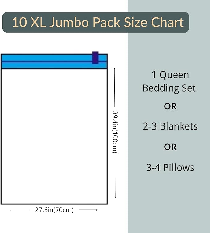 Nellivia 10 XL Jumbo Vacuum Storage Bags with Pump, Extra Large Compression Space Saver for Comforter, Duvet, Bedding, Blanket Storage, Vacuum Seal Bags for Clothing, Luggage Closet Organizer