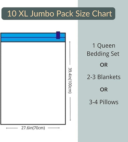 Nellivia 10 XL Jumbo Vacuum Storage Bags with Pump, Extra Large Compression Space Saver for Comforter, Duvet, Bedding, Blanket Storage, Vacuum Seal Bags for Clothing, Luggage Closet Organizer
