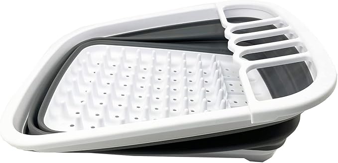 SAMMART 8L (2.11Gallons) Collapsible Dish Drainer - Foldable Drying Rack - Portable Dinnerware Organizer - Space Saving Kitchen Utensil Storage Tray (White/Steel Grey (Set of 2))