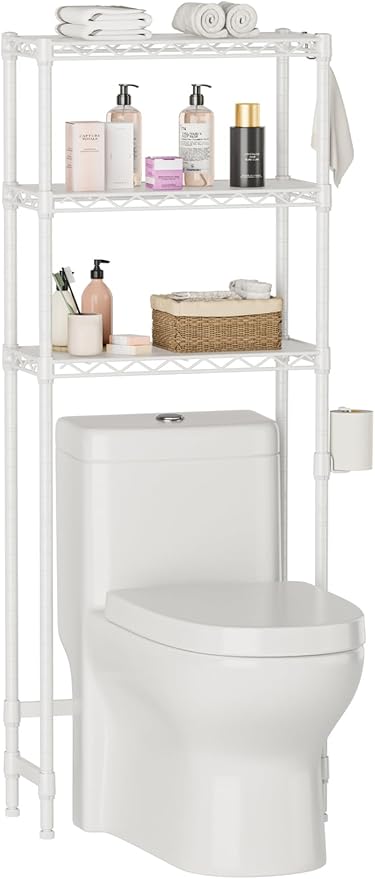 Golpart Over The Toilet Shelf,3-Tier Adjustable Freestanding Metal Bathroom Organizer Shelves with Toilet Paper Holder & Hooks,Space-Saving for Narrow Small Bathroom,10”D x 24”W x 66”H,White