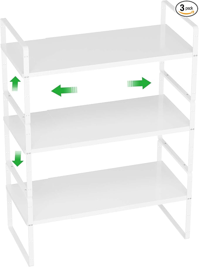 WEJIPP Cabinet Organizer Shelves,Expandable Pantry Counter Inside Cabinet Shelves,Stackable Spice Racks,Storage Shelves for Kitchen Bathroom Under Sink Office,White,D:8.07",3 Packs