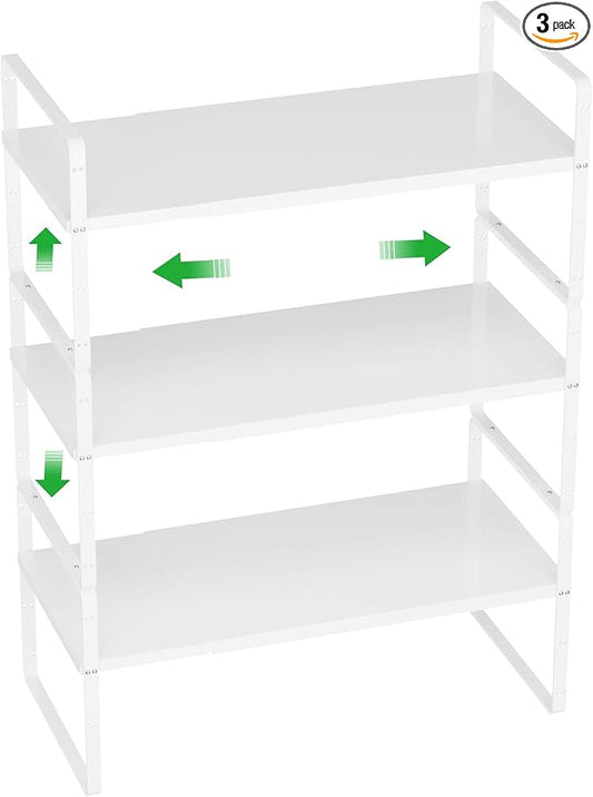WEJIPP Cabinet Organizer Shelves,Expandable Pantry Counter Inside Cabinet Shelves,Stackable Spice Racks,Storage Shelves for Kitchen Bathroom Under Sink Office,White,D:8.07",3 Packs
