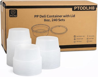 ProTakeOut 8oz [240 set] Heavy Duty Plastic Deli Container | BPA-Free Food Storage with Airtight Leak‑Proof Lids | Microwave, Freezer & Dishwasher Safe – Stackable, Bulk Reusable Soup & Meal Prep Tub