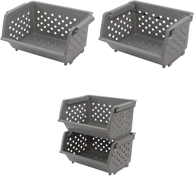 3 Pack Plastic Stacking Organizer Basket, Open Front Large Stackable Storage Bins, Gray