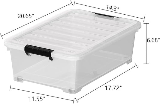 Minekkyes 20 Quart Plastic Under Bed Storage Containers, Latching Storage Boxes with Wheels, Clear Under Bed Storage Bins, 4 Pack