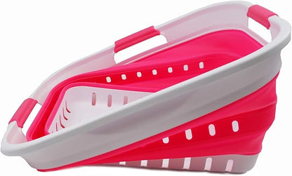 SAMMART 30L (8 gallon) Collapsible 3 Handled Plastic Laundry Basket - Foldable Pop Up Storage Container/Organizer - Portable Washing Tub - Space Saving Hamper/Basket (White/Rose Pink)