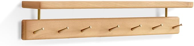 Solid Wood Wall Hooks with Shelf, Coat Rack Wall Mount, Entryway Hanging Shelf with 7 Brass Hooks for Hats, Clothes, Towels, Bags, Beech Wood, Natural