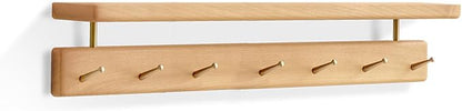 Solid Wood Wall Hooks with Shelf, Coat Rack Wall Mount, Entryway Hanging Shelf with 7 Brass Hooks for Hats, Clothes, Towels, Bags, Beech Wood, Natural