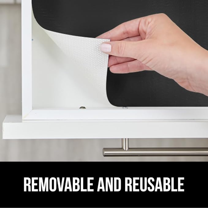 GORILLA GRIP DripGuard Shelf Liner, Non Adhesive Drawer and Kitchen Cabinet Protector, Slip Resistant BPA Free Smooth Surface Plastic Liners for Cabinets, Bathrooms, Closets, 17.5x120 Inch, Black