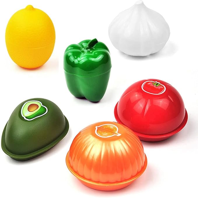 Tiydiygo 6PCS Fresh Food Savers Avocado Lemon Tomatoes Pepper Onion Garlic Shape Crisper Containers,Reuseable Vegetable Fruits Storage Keeper Sealing Box Fresh Bowls for Refrigerators
