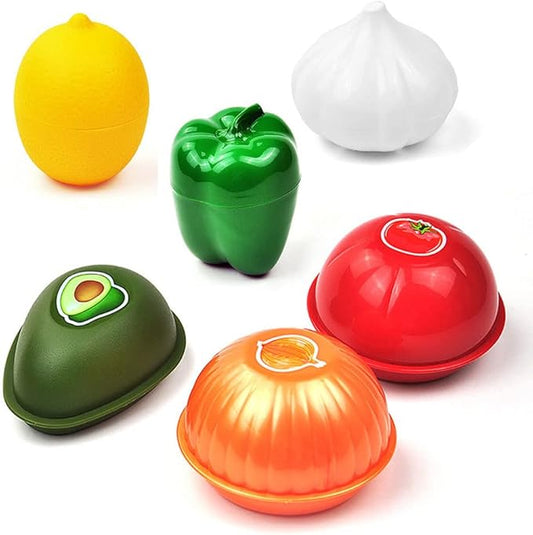 Tiydiygo 6PCS Fresh Food Savers Avocado Lemon Tomatoes Pepper Onion Garlic Shape Crisper Containers,Reuseable Vegetable Fruits Storage Keeper Sealing Box Fresh Bowls for Refrigerators