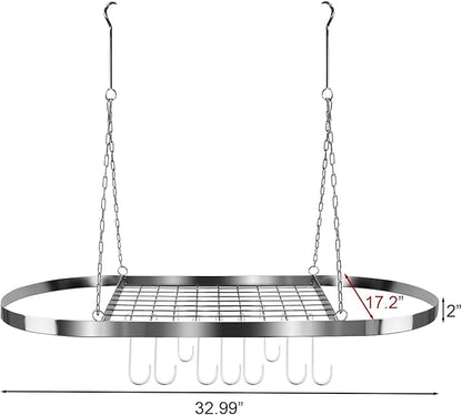 Sorbus® Pot and Pan Rack for Ceiling with Hooks — Decorative Oval Mounted Storage Rack — Multi-Purpose Organizer for Home, Restaurant, Kitchen Cookware, Utensils, Books, Household (Hanging Chrome)