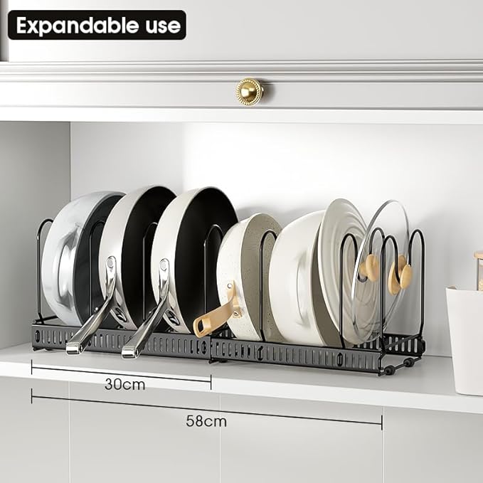 WUETOAYA Expandable Pots and Pans Organizer Rack, Pot Lid Kitchen Cabinet Organizer Holder with 10 Adjustable Compartment, Cookware Rack for Kitchen Cabinet Storage, Black