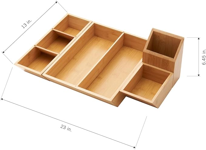 TRINITY EcoStorage 4-Piece Bamboo Desk & Drawer Organizer Set, Multi-Use Home & Office Storage Bins with Removable Compartment Dividers
