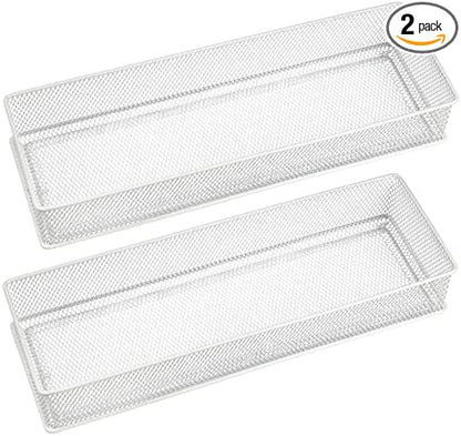 YBM HOME White Mesh Drawer Organizer and Storage for Kitchen Drawers, Serves as School Supply Holder, Office Desktop Organizer Basket, Makeup and Craft Supplies Organization, (2 Pack, 4x12x2 Inch)
