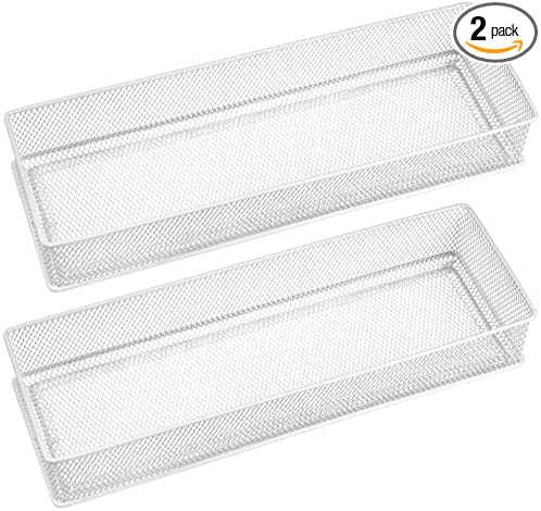 YBM HOME White Mesh Drawer Organizer and Storage for Kitchen Drawers, Serves as School Supply Holder, Office Desktop Organizer Basket, Makeup and Craft Supplies Organization, (2 Pack, 4x12x2 Inch)