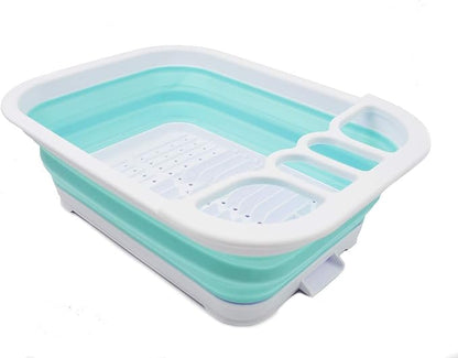 SAMMART Collapsible Dish Drainer with Drainer Board - Foldable Drying Rack Set - Portable Dinnerware Organizer - Space Saving Kitchen Storage Tray (1, White/Lake Green)