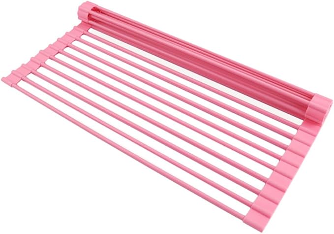 Pezixueran Roll Up Dish Drying Rack Over The Sink.Foldable Kitchen Drainer,Fully Silicone Cover Stainless Steel Bar,Heat-Resistant, Anti-Slip Sink Rack for Kitchen Counter Multipurpose.