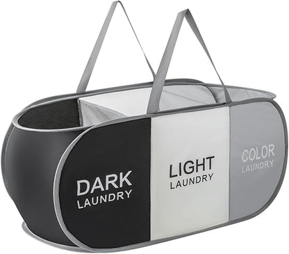TECHMILLY Collapsible Laundry Basket Durable Pop Up Hamper with 2 Compartments for Sort and Storage, Portable Dirty Clothes Hamper for Dorm, Laundry Room or Travel (Black + Grey + Begie)