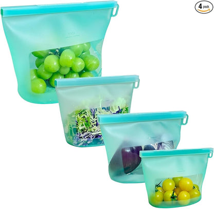 Reusable Silicone Food Storage Bags 4 Pack with 1 Snack, 2 Sandwich and 1 Half Gallon Bags, Multi-Use & Sous Vide Stand-Up Pouches for Soup and Leftovers, Microwave, Dishwasher and Freezer Safe