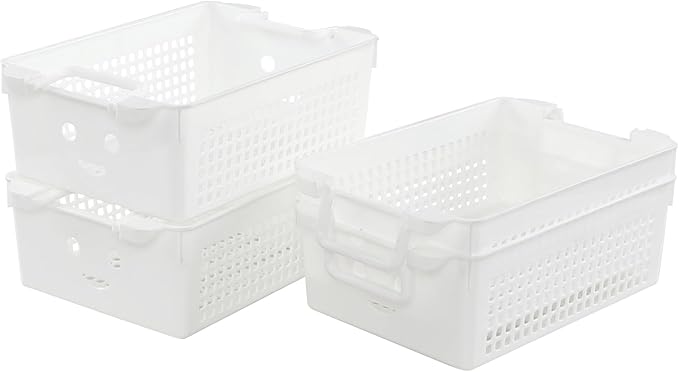 Saedy 4 Packs Plastic Baskets with Handle, Stackable Basket Organizer Bin, White