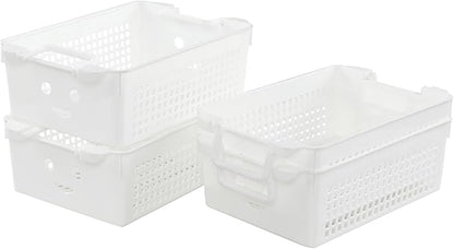 Saedy 4 Packs Plastic Baskets with Handle, Stackable Basket Organizer Bin, White
