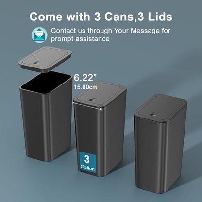N. NETDOT 3 Pack 3 Gallon Small Trash Can with Lid, Bathroom Garbage Can with Pop-Up Lid, Waste Basket for Bathroom, Kitchen, Bedroom, Powder Room, Craft Room, Office, College (Black)