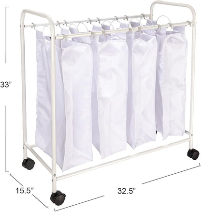Household Essentials Rolling Laundry Sorter, 4 Bag Laundry Sorter Cart with Washable and Removable Bags, White