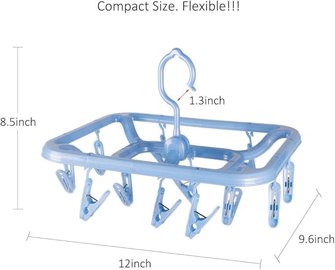 Small Clip & Drip Hanger 2-Pack, 12 Clips & 360 Rotatable Hook, Drying Hanger for Towels, Bras, Baby Clothes, Gloves, Blue