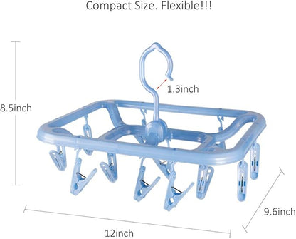 Small Clip & Drip Hanger 2-Pack, 12 Clips & 360 Rotatable Hook, Drying Hanger for Towels, Bras, Baby Clothes, Gloves, Blue