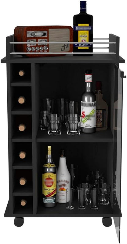 Mobile Bar Cart with Glass Door Cabinet, 6 Wine Bottle Storage Cubbies, Carbon Espresso Finish, 35" H x 21.6" W Bar Serving Cart with Wheels (Black)